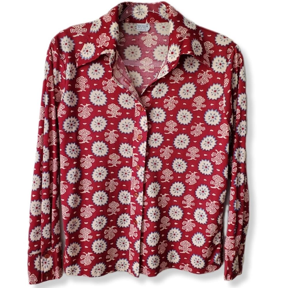 70s Vtg Women Wide Collar Nylon Top Button Shirt S Groovy Boogie Disco Glam Rock